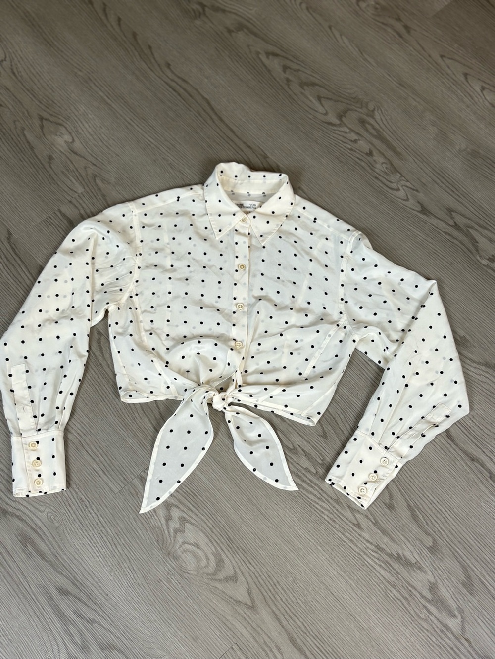 Diane Von Furstenberg White Button-Down Tie-Front Blouse with Black Polka Dots